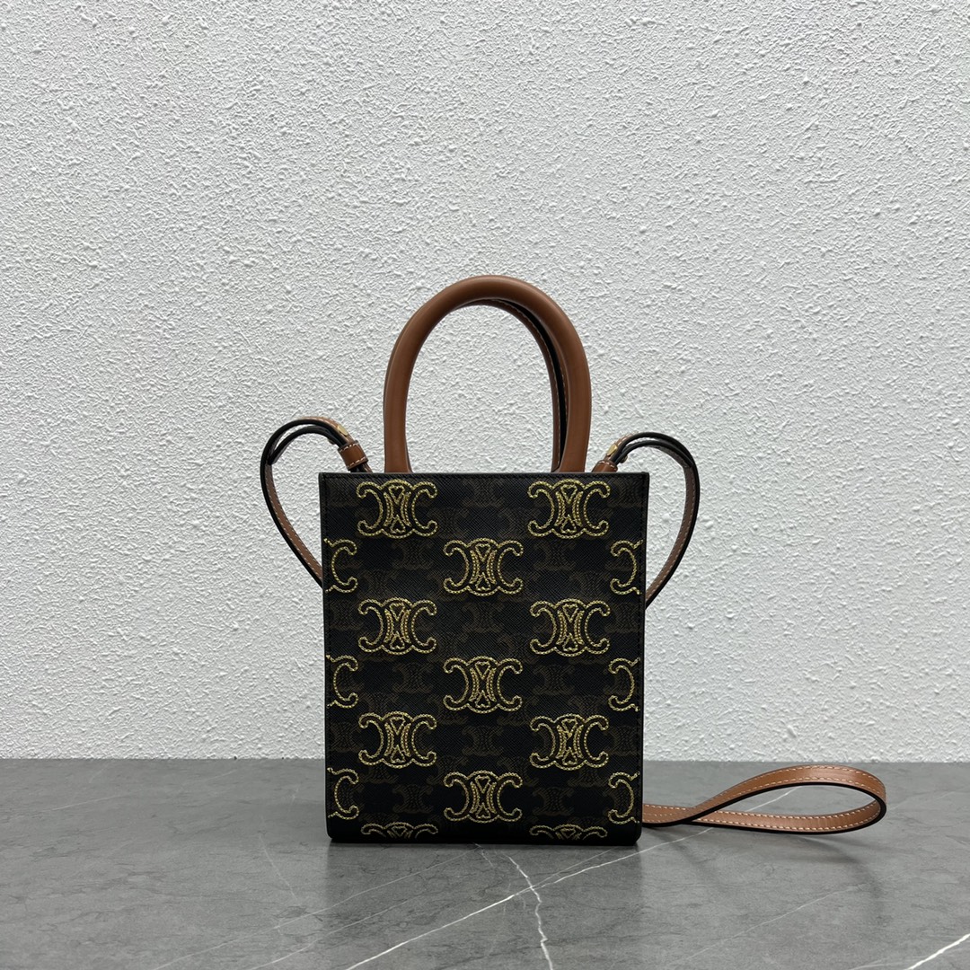 Celine Mini Vertical Cabas In Triomphe Canvas And Calfskin With Celine Print Tan 193302